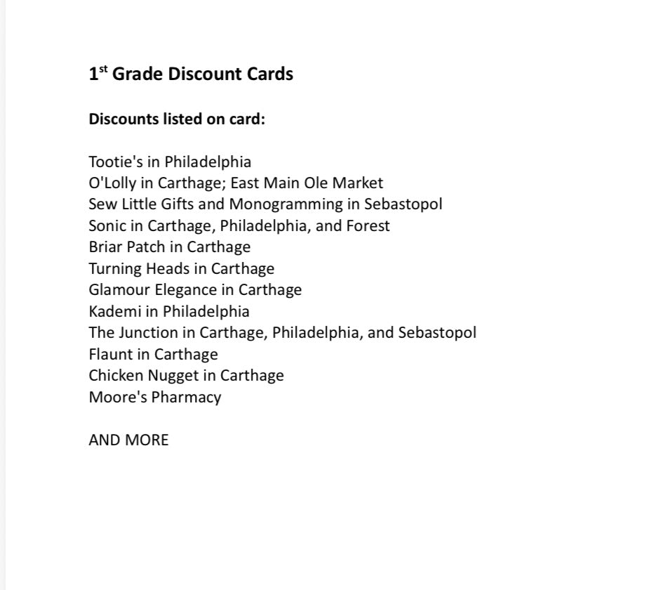 1st Grade Discount Cards